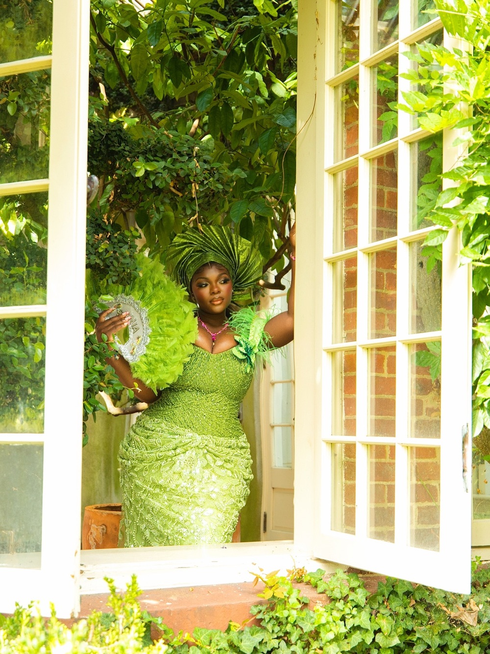 mine Vibrant Green Lace Maxi Dress with Matching Headwrap
